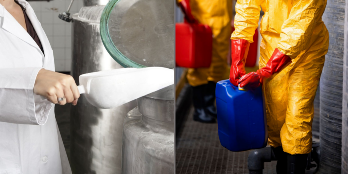 different safe handling operation of sodium bicarbonate and strong alkali