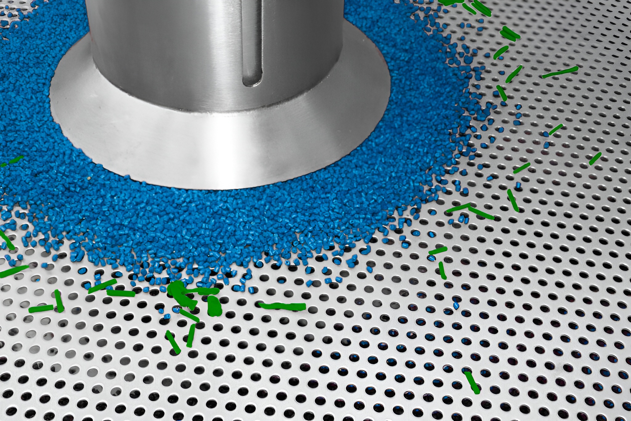 different particle size of colored speckles on screener