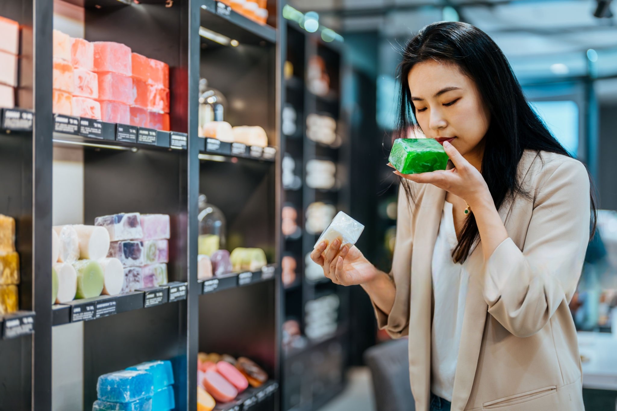customer comparing colored and normal soaps