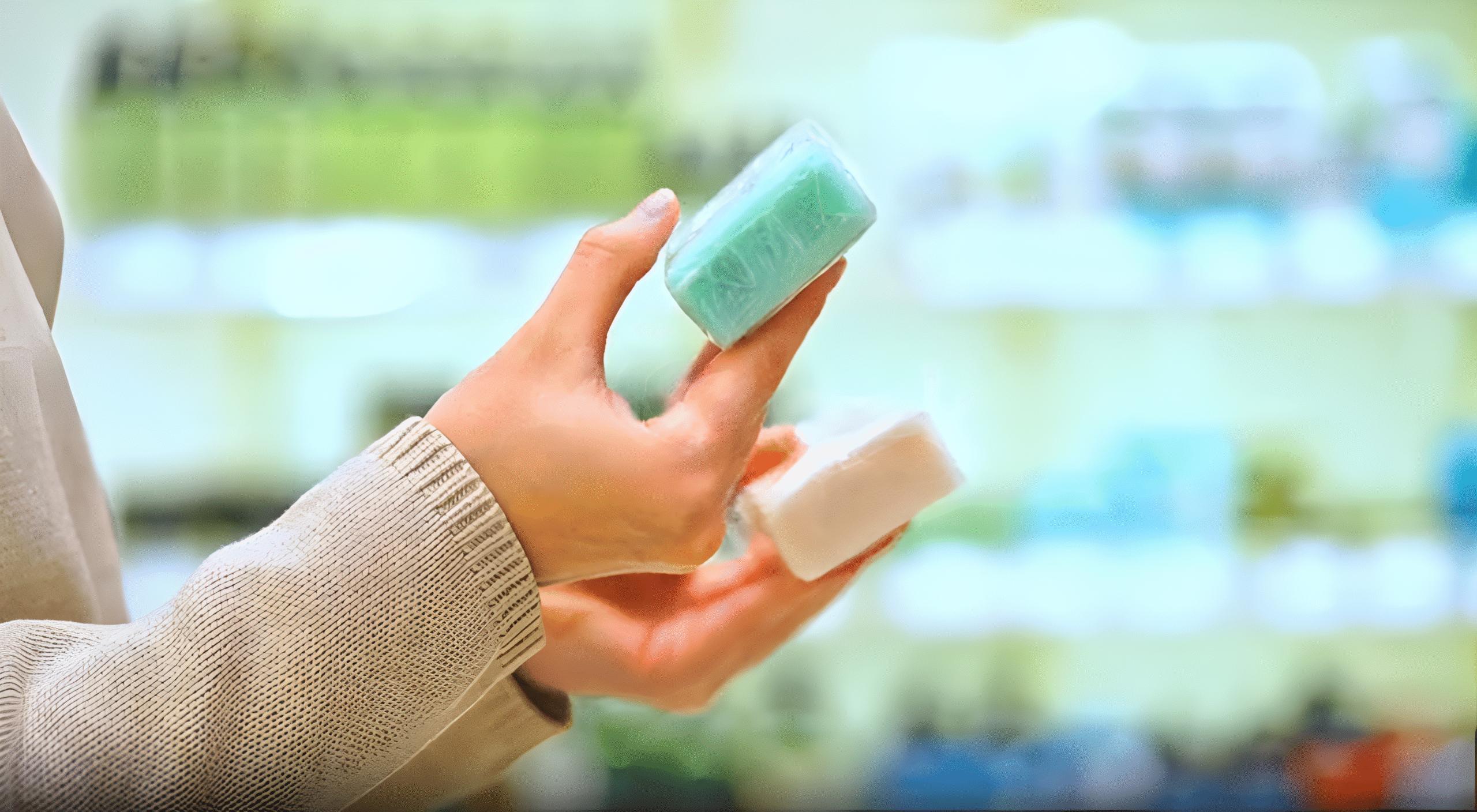 shopper picking colored soap from shelf